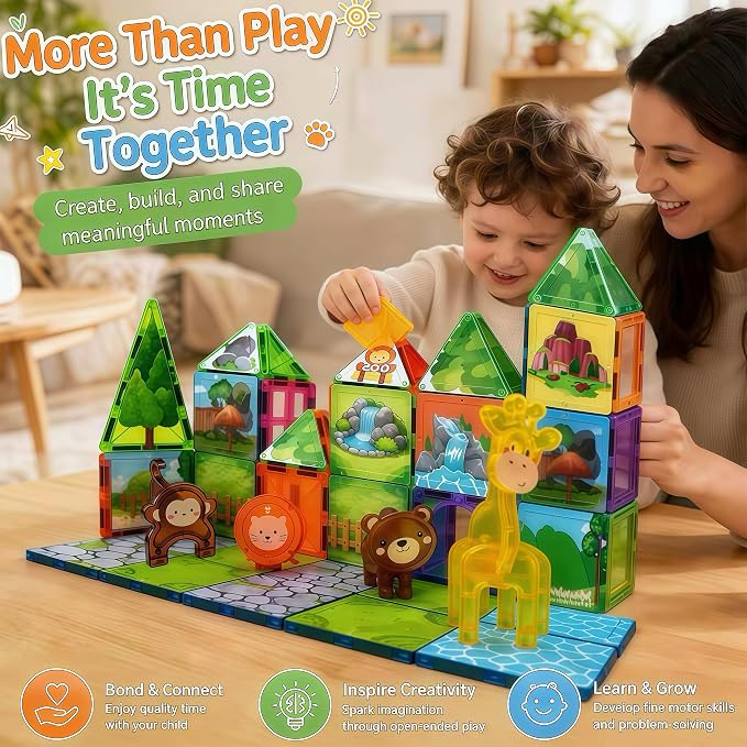 LATI Magnetic Tiles Building Set, Zoo World Animal Magnet Blocks with Giraffe, Lion & Bear, STEM Build & Play Toy for Kids Ages 3-8, Educational Gift for Boys & Girls