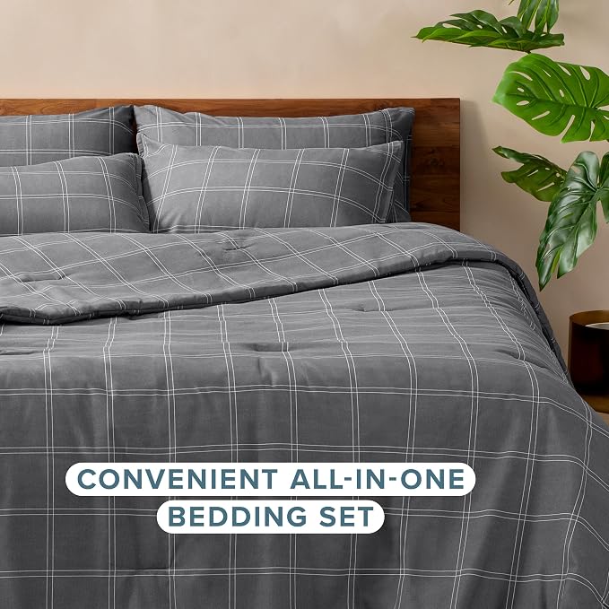 Bare Home Bed-in-A-Bag 7 Piece Comforter & Sheet Set - Full - Track Stitch - Goose Down Alternative - Ultra-Soft 1800 Premium - Bedding Set (Full, Modern Plaid - Grey/White)