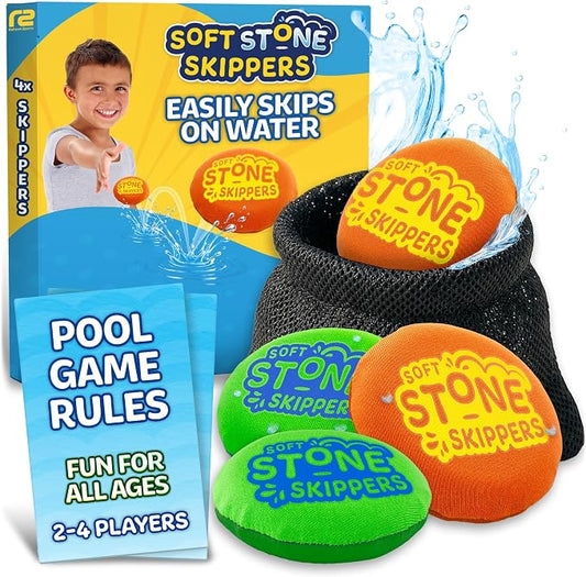 Soft Stone Skippers Game - Fun Pool Toys for Kids All Ages - 4 Pack Water Skipping Discs Set - Beach Games Summer Beach Gifts for Boys & Girls Ages 3 4 5 6 7 8 9 10 11 + Year Old - Water Toys