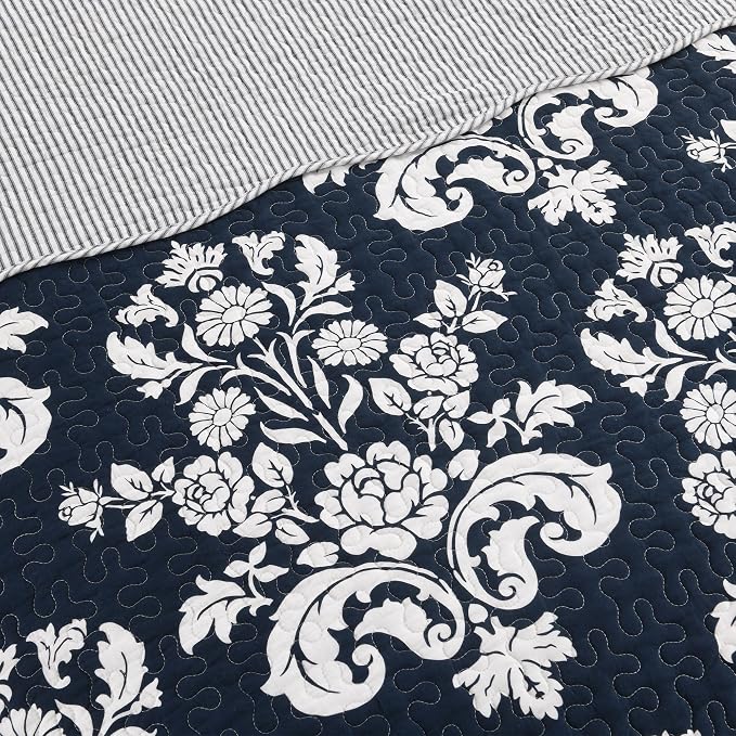 Navy Blue Quilt Set King Size, 100% Cotton Reversible Farmhouse Quilt with Elegant Botanical Floral Pattern, Scalloped Edge Bedspread Coverlet, Lightweight All Season Bedding Set with 2 Shams