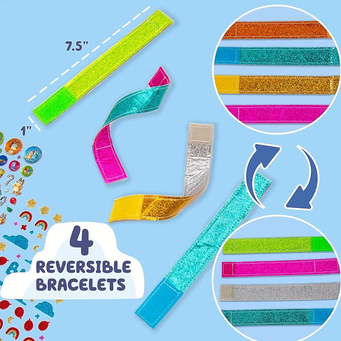 Bluey Sparkle Bracelet Making Kit, 4 Reversible Bracelets with Easy Closure, 100+ Traditional and Puffy Resin Stickers, DIY Bluey Jewelry, Arts and Crafts for Kids Age 8-12, Toddler Gifts