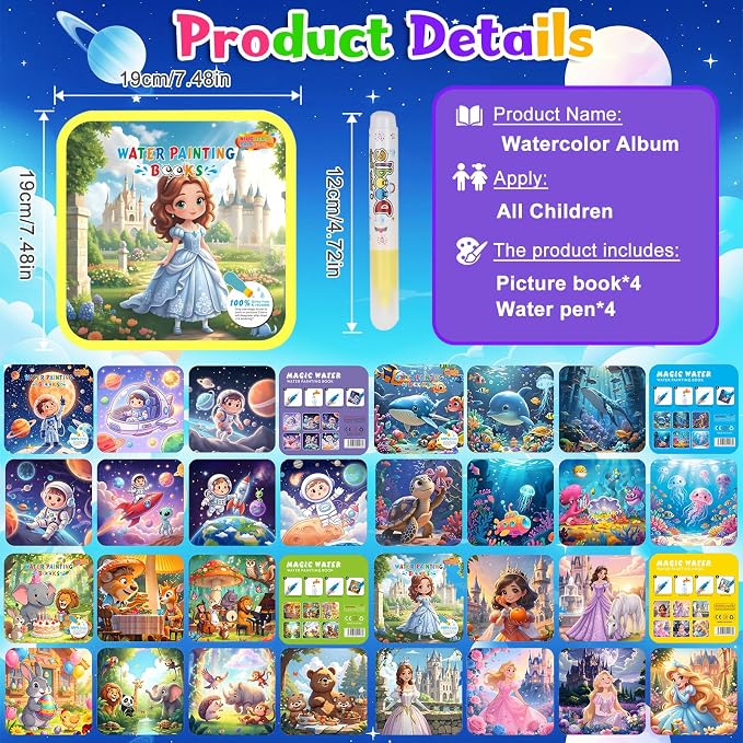 Bresdim Water Painting Books for Toddlers – 4Pack Magic Water Reveal Coloring Books with Water Pens (Princess, Space, Animal,Ocean) No-Mess Coloring & Reusable Fun Travel Activity for Kids Ages 1-3–6