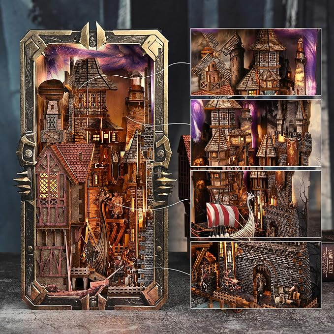 fifijoy DIY Viking Book Nook Kit, Miniature House Dollhouse Kit for Adult and Teens, Booknook Bookend Tiny House Model Build Bookshelf Insert Decor 3D Wooden Puzzle, Gifts for Family, Friends