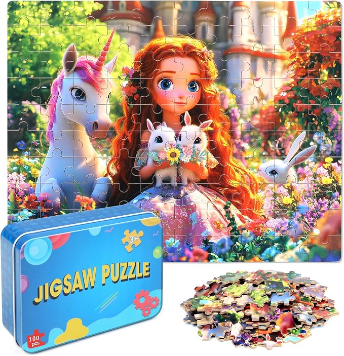 LELEMON Princess Puzzles for Kids Ages 4-8,100 Pieces Unicorn Rabbits Jigsaw Puzzles in a Metal Box,Cute Princess Learning Educational Puzzles for Boys Girls