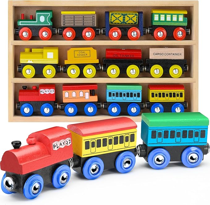 Play22 Wooden Train Set 12 PCS - Magnetic Train Toys Set Includes 3 Engines - Toy Sets for Kids Toddler Boys and Girls - Compatible with All Major Brands - Original