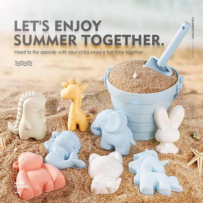 MarcZero 11Pcs Silicone Beach Toys,Collapsible Sand Bucket,Modern Baby Beach Toys,Travel Friendly Beach Set,Silicone Bucket,Shovel,Sand Molds, Beach Bag,Silicone Sand Toys for Toddlers, Kids (Blue)
