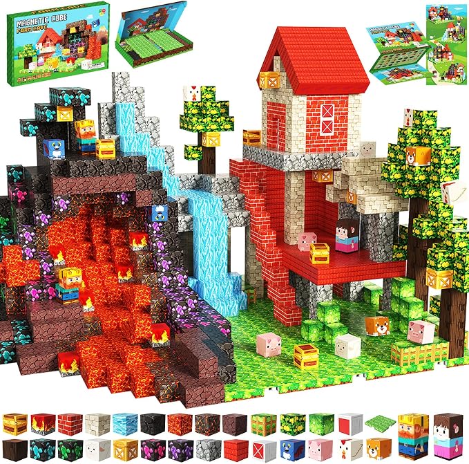 150 PCS Magnetic Blocks, Magnetic Building Blocks Cubes, Farm Magnet Toys for Kids Ages 3+, Magnet Blocks with 4 Bottom Plate for Boys, STEM Toys & Ideal Christmas Birthday Gift