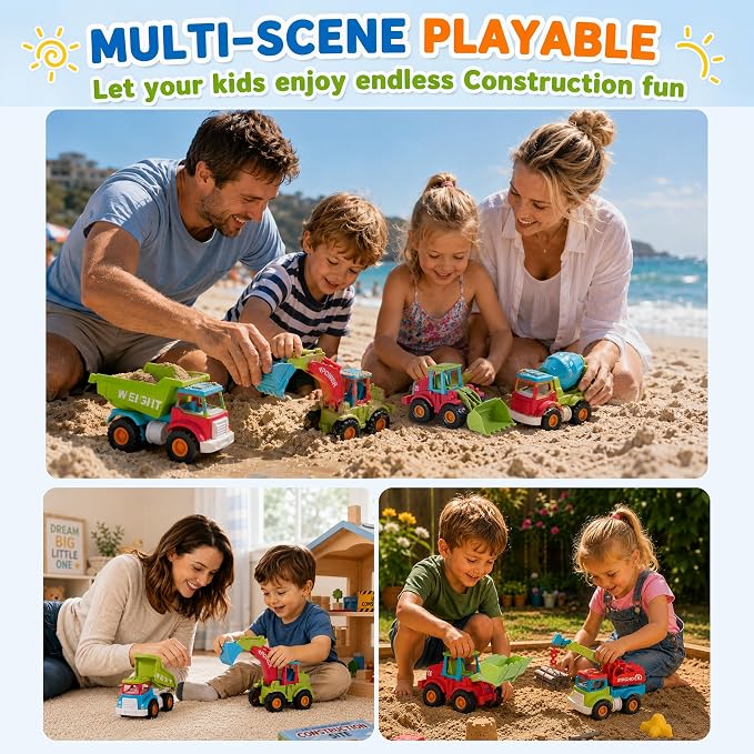 6pc Friction Construction Trucks Toy for Kids | Push and Go, Indoor Outdoor Sandbox Play, Excavator Bulldozer Dump Crane Mixer, Christmas Birthday Gift for Boys Toddlers 3-8