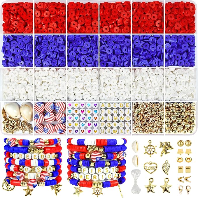 Redtwo 4th of July Red White and Blue Clay Beads Bracelet Making Kit with USA Letter Beads, Patriotic Beads for Jewelry Making for Independence Veterans Day Party Favors, DIY Gifts with America Flag.