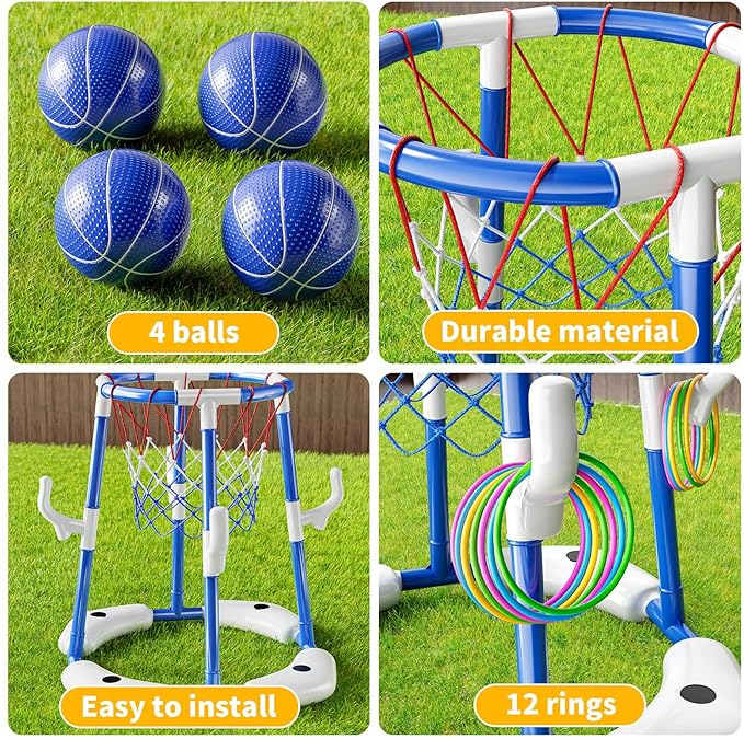 NIPLOOOW Pool Basketball Hoop, 2-in-1 Floating Pool Toys Ring Game with 4 Balls and Pump, Outdoor Swimming Pool Basketball Games Water Play Toy Family Party for Kids Adults Age 3-12 (Blue)