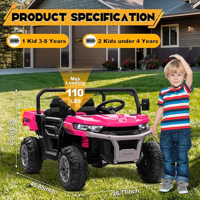 24V 4WD Ride on Car Dump Truck w/4X200W Motor, 2 Seaters, Gift Flower, 2.4G Remote Control, Bluetooth Music, LED Light, 24 Volt Ride on Toy Cars for Big Kids, Pink