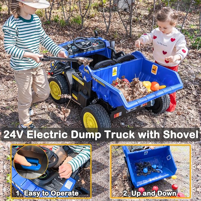 NEWQIDA 24V Ride on Dump Truck, Kids Electric Car with Remote Control, Ride on Construction Vehicles w/Electric Dump Bed, Shovel, 2x75W Powerful Motors, Up to 4.4Mph, EVA Tires, Soft Start, Blue
