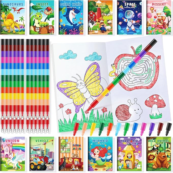 BenLouis Coloring Books for Kids With Stacking Crayons Set Mini Coloring Books Bulk for Ages 4-8-12 Small Activity Books for Birthday Party Gifts Goodie Bags Stuffers Travel（24+24Pcs Colorful）