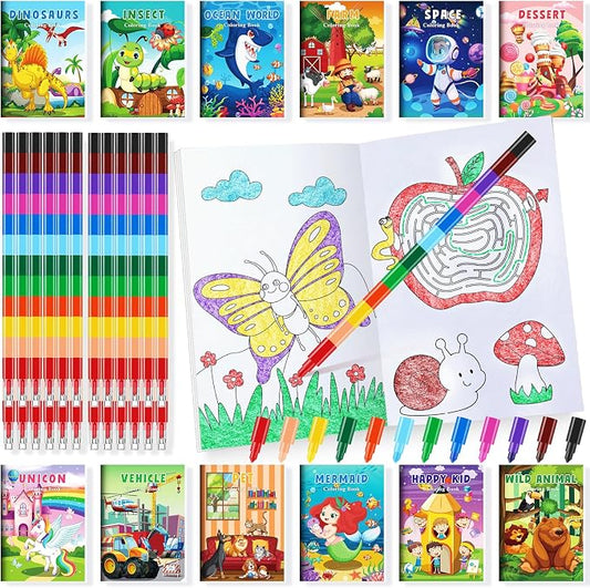 BenLouis Coloring Books for Kids With Stacking Crayons Set Mini Coloring Books Bulk for Ages 4-8-12 Small Activity Books for Birthday Party Gifts Goodie Bags Stuffers Travel（24+24Pcs Colorful）