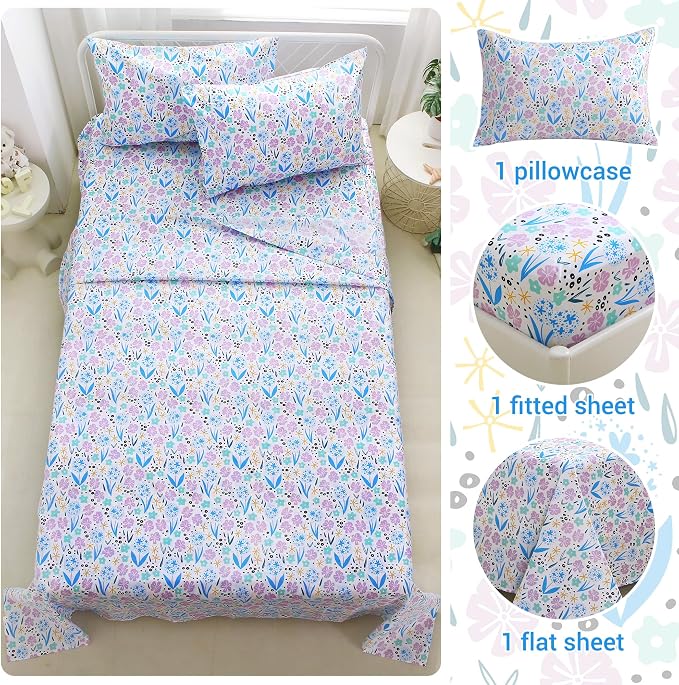Viviland 3 Pieces Girls Purple Floral Twin Sheet Set - Soft Microfiber Fitted Flat Sheets & Pillowcase - Purple Colorful Flower Print Bedding Sets - for Kids & Toddlers