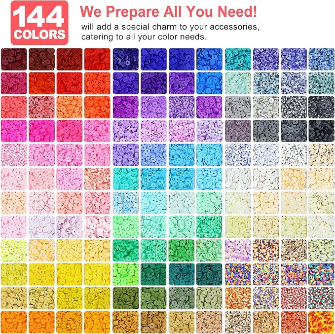 Redtwo 23000Pcs Clay Beads Friendship Bracelet Making Kit, 7 Boxes 144 Colors Flat Polymer Heishi Beads Set for Friendship Jewelry Making Kit with Pendant Charms, Crafts Gifts for Girls Ages 6-12 Kids
