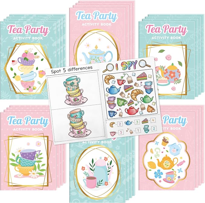 Tea Party Activity Books for Kids - 48Pcs Tea Time Themed Mini Game Coloring Booklet Bulk Maze Word Scramble Word Search Coloring Books for Birthday DIY Party Favor Goodies Bag Filler Classroom Reward