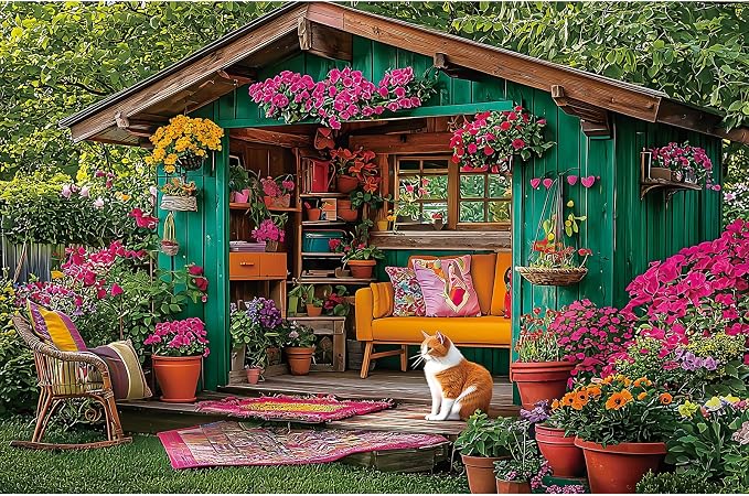 Flower House 500 Piece Puzzle for Adults Colorful Garden Shed Cat Jigsaw Puzzles with Letters on Back Perfect Family Challenge for Game Nights(23"X15")