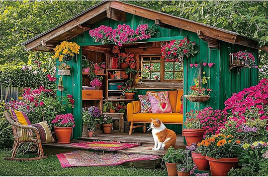 Flower House 500 Piece Puzzle for Adults Colorful Garden Shed Cat Jigsaw Puzzles with Letters on Back Perfect Family Challenge for Game Nights(23"X15")