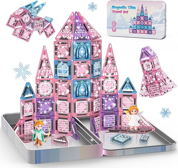 Magnetic Tiles Princess Toys, Princess Castle Travel Magnetic Blocks with Metal Box & 2 Dolls, Mini Magnet Tiles for Girls Pretend Play, Magnet STEM Sensory Gifts for Toddlers 3-5 4-8 8-12 Years Old