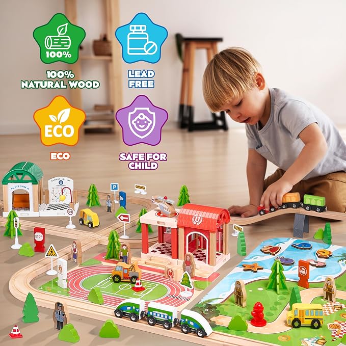 Wooden Train Set 175-Piece for Toddlers Kids Ages 3-8, Double-Sided Expandable Train Track with Puzzles & Magnetic Fishing Toys Compatible with Major Brands, STEM Railway Playset Gifts for Boys Girls