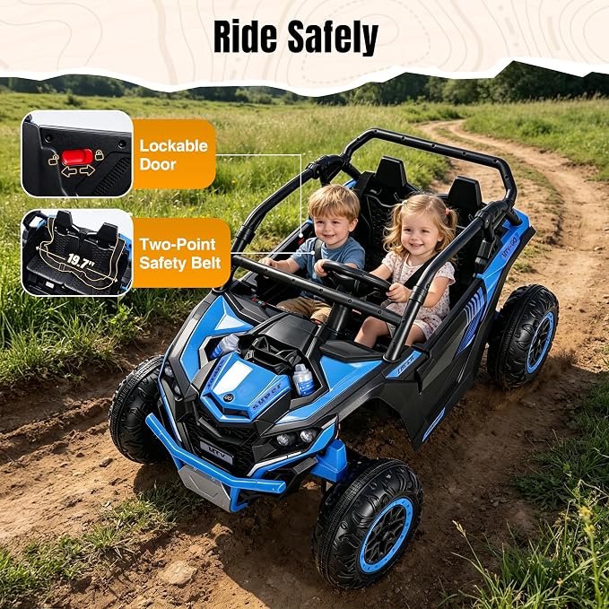 Firstness 24V Ride on Toys 800W Electric Remote Control Ride on Cars for Kids 2-Seater Riding Cars for Kids Ages 3-8, 3 Speed Mode, Music, LED Light, Off-Road UTV Ride on Truck for Boys & Girls, Blue