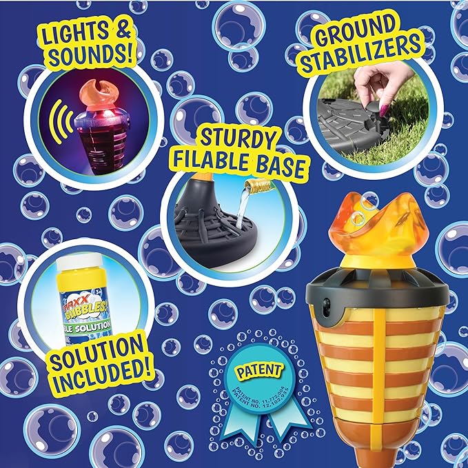 Tiki Torch Bubbler - Summer Pool Party Bubble Machine with Lights and Music, Bubble Blower and Wand, Rechargeable Outdoor Toy for Kids Teens Birthday Party, 4 Feet Tall, Includes 4oz Bubble Solution