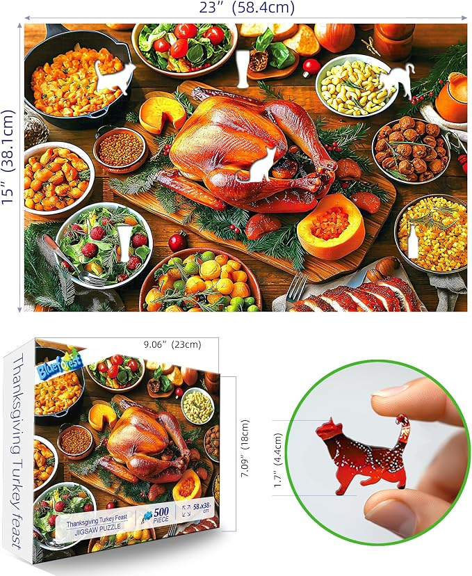 Delicious Dinner 500 Piece Food Puzzles for Adults, Fun Turkey Puzzles for Adults 500 Pieces with HD Print & Poster, 15" X 23" Dust Free Halloween Thanksgiving Christmas Family Games