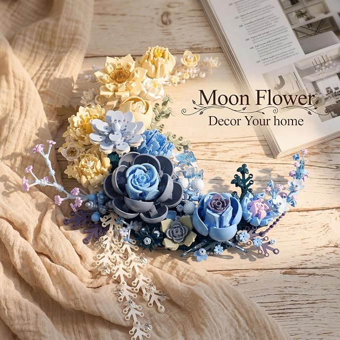 Blue Moon Flower Building Set, Botanical Collection Artificial Flowers Building Blocks Kit Compatible with Lego for Adults Home Décor Wall Art Decoration