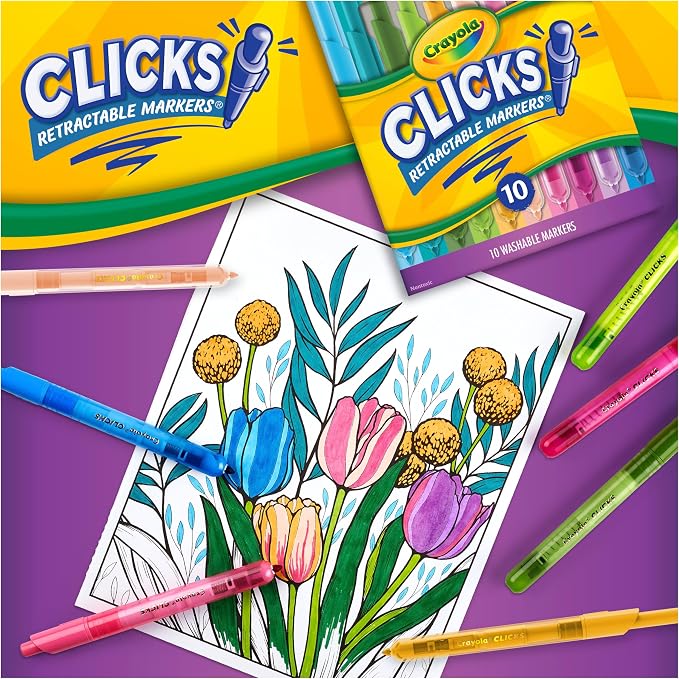 Crayola Clicks Retractable Markers Bold (10ct), Teacher Classroom School Supplies, Spring Crafts, No Dry Washable Markers for Kids
