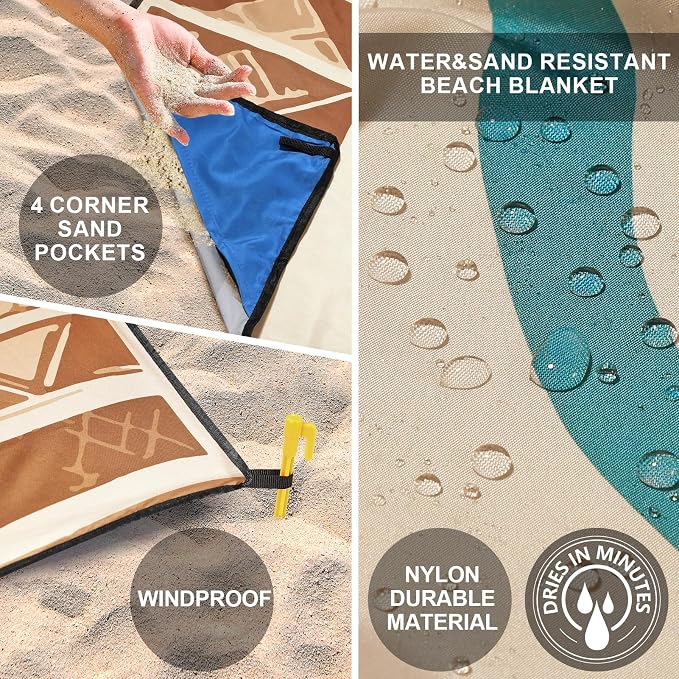 WIWIGO Beach Blanket Waterproof Sandproof Beach Mat 79" X 83"/10'x9'for 2-8 Adults Quick Drying Outdoor Picnic Mat Beach Accessories for Travel, Camping, Hiking