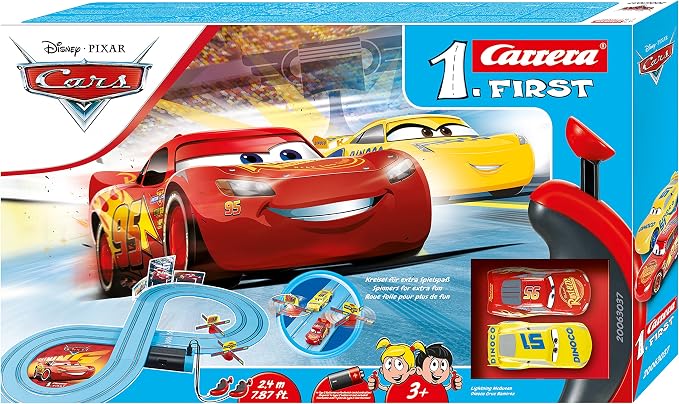 Carrera First Disney Cars Slot Car Race Track Set – Lightning McQueen | Battery-powered slot car track, Lightning McQueen toy for kids 3+, includes McQueen & Cruz, beginner-friendly, easy setup