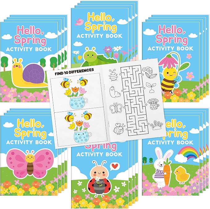 Spring Activity Books for Kids - 24Pcs Hello Spring Mini Games Coloring Book Set Bulk Insect Floral Mazes Word Search Word Scramble Games for Valentine Spring Easter Holiday Party Goodie Bag Stuffers