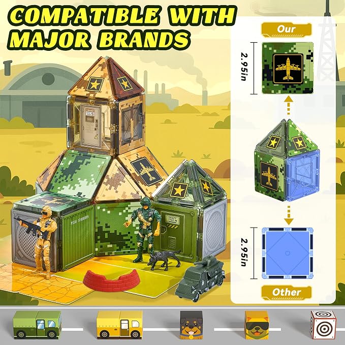 Magnetic Tiles Road Building Toys Set with Magnetic Blocks and Army Toys Accessories, Military Magnetic Blocks for Kids Ages 3-5 4-8, STEM Educational Sensory Magnet Toys Birthday Gifts for Boys Girls