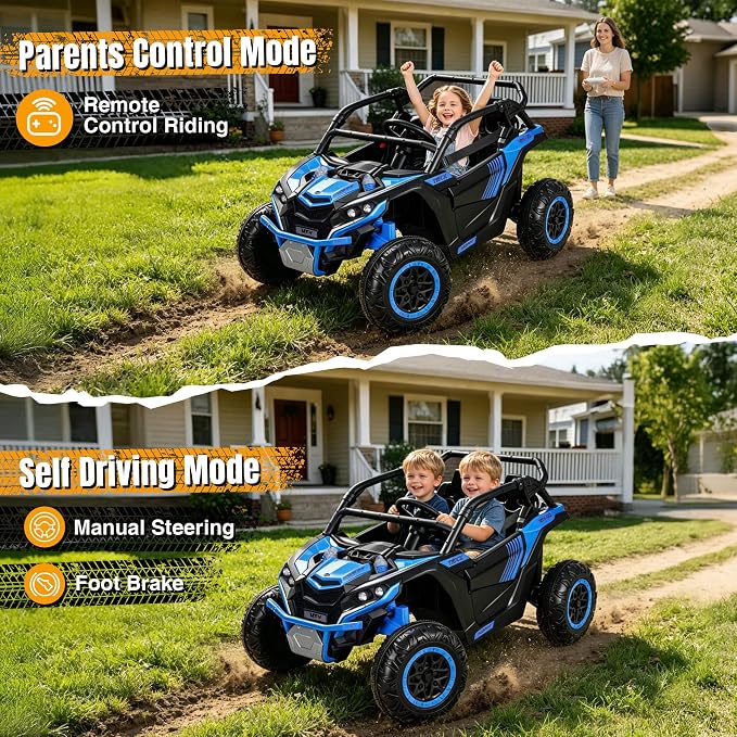 Firstness 24V Ride on Toys 800W Electric Remote Control Ride on Cars for Kids 2-Seater Riding Cars for Kids Ages 3-8, 3 Speed Mode, Music, LED Light, Off-Road UTV Ride on Truck for Boys & Girls, Blue