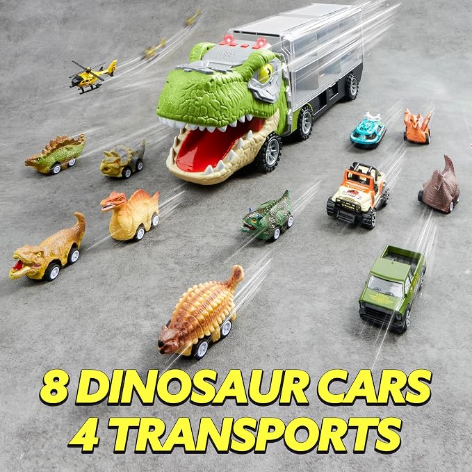 JOYIN 13 in 1 Dinosaur Toys for Kids 3-5, Transport Dinosaur Carrier Truck with 12 Pull Back Cars, Toddler Toys 3-4， Birthday Gifts for 3 4 5+ Year Old Boys
