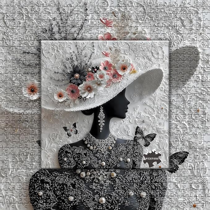 Impossible Puzzles for Adults 1000 Pieces,PICKFORU Floral Muse Puzzle Elegant Lady,Beauty Flower Woman Puzzle Black and White Pearl,Hard Challenge Jigsaw Puzzles Aesthetic
