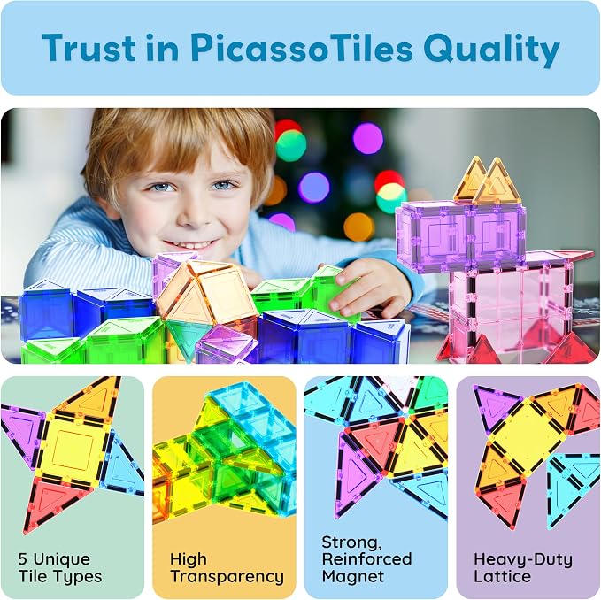PicassoTiles 101 PCs Magnetic Tiles Building Block with Storage Case Included Bold Colors Travel Carry Case Construction Set for Boys & Girls Great Gift Preschool Kindergarten Montessori Playing Toys