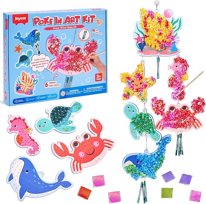 JoyCat Poke-in Wind Chime Craft Kit for Kids, 3D Sea Creature DIY Set with Audible Wind Chime Pieces, 6 EVA Ocean Figures, Mess-Free Creative Activity, Arts and Crafts & Birthday Gift for Kids Age 3+