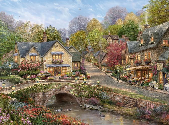 Buffalo Games Thomas Kinkade Summer in Cobblestone Village 1000 Piece Puzzle – Silver Select Premium Jigsaw Puzzle with Foil Accents & Reference Poster