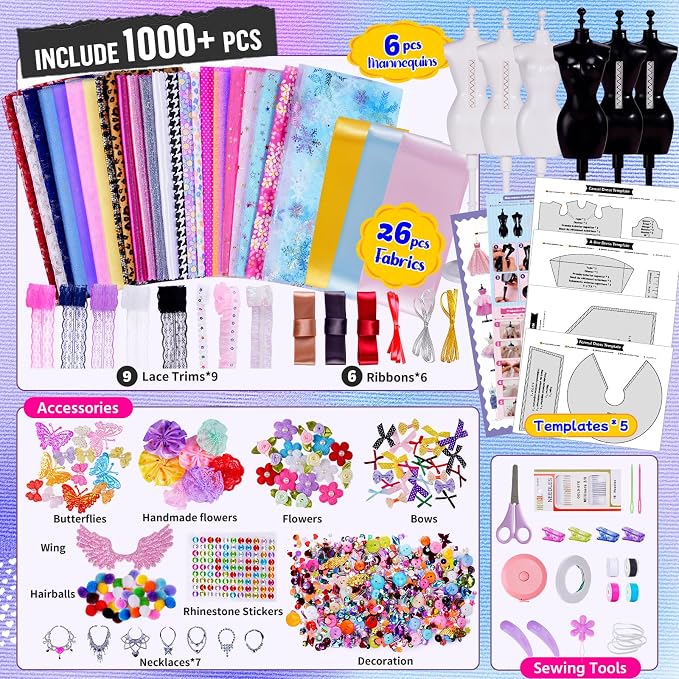 800+Pcs Fashion Designer Kits for Girls with 6 Mannequins - Girls Fashion Design Craft Kit, Sewing Kit for Kid 8-12, Birthday Gifts for Teens Girl 6 7 8 9 10 11 12