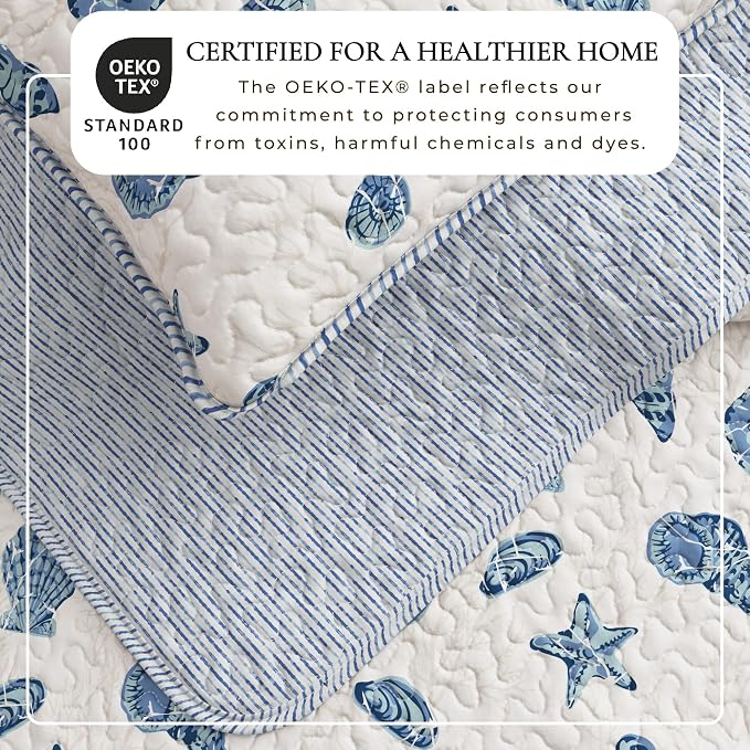 Great Bay Home Coastal Quilt Set - 3-Piece King/California King Size Nautical Bedding Set - Lightweight, All-Season, Reversible Coral-Printed Bedspread (Blue Shells)
