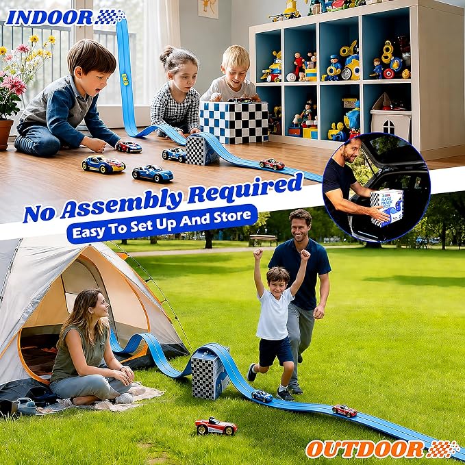 Flexible Race Track Toys for Kids: 15 Ft Flex Race Car Ramp Track with Suction Cups - Rolls Up Portable DIY Racetrack Compatible with Diecast 1/64th Cars Model - Birthday Gifts for Boys Girls Ages 3+