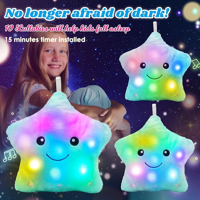13" Musical Green Star Plush Pillow Glowing Twinkle Night Light Stuffed Animal LED Toys Adjustable Volume Birthday for Girls Boys