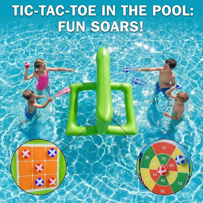 Pool Toys for Kids & Adults, 2-in-1 Dart Board and Tic Tac Toe Pool Game with 24 Sticky Balls, Family Summer Water Games for Backyard, Pool Party and Swimming Pool, Green