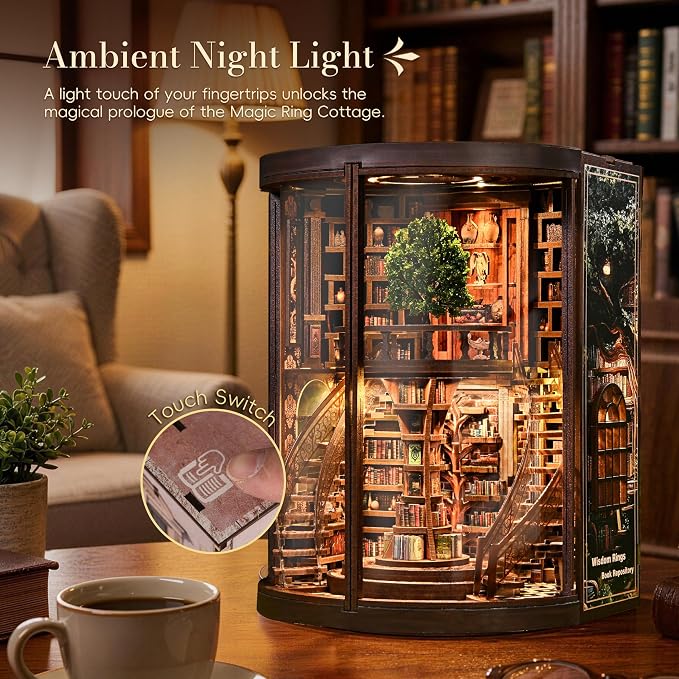 POP JOY DIY Book Nook Kit with LED Light, Fantasy Tree Library Miniature Dollhouse 3D Wooden Puzzle Bookshelf Insert, DIY Book Nook Bookshelf Decor for Adults Teens Book Lovers Gift