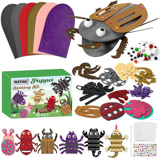 WATINC 6Pcs Hand Puppet Making Kit, Art Craft Felt Sock Puppet Toys, Creative DIY Make Your Own Pompoms Wiggle Googly Eyes Storytelling Role Play Party Supplies Gift for Girls Boys (Insect Animals B)
