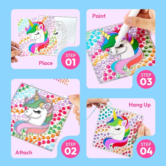 Klever Kits 4PCS Window Art, 2-in-1 Gems and Gels Suncatcher, 2 Ways to Play Diamond and Gels, Arts & Crafts Toys for Boys Girls, Christmas Birthday Gifts for Kids Age 6 and Up