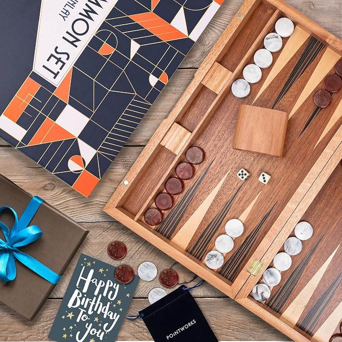 Pointworks 17 Inch Backgammon Sets for Adults. Beautiful Wood Inlaid Backgammon Board Game Set with Unique Checkers & Dice. Large Back Gammon Game Sets Travel Size for 2 Players Nardi or Tavla