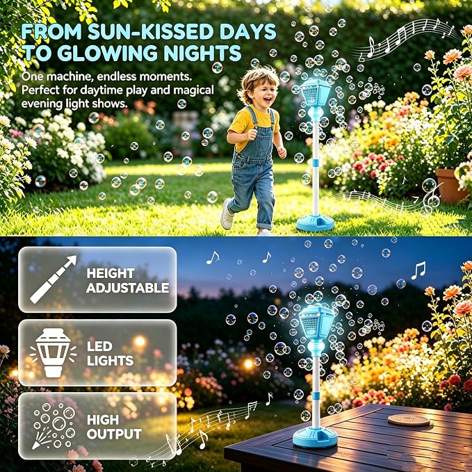Bubble Machine for Kids Toddlers - 2026 Rechargeable Automatic Bubble Machine with Lights & Music, Bubble Blower with Adjustable Stand up to 47 Inch for Backyard Games, Outdoor Play (Blue)